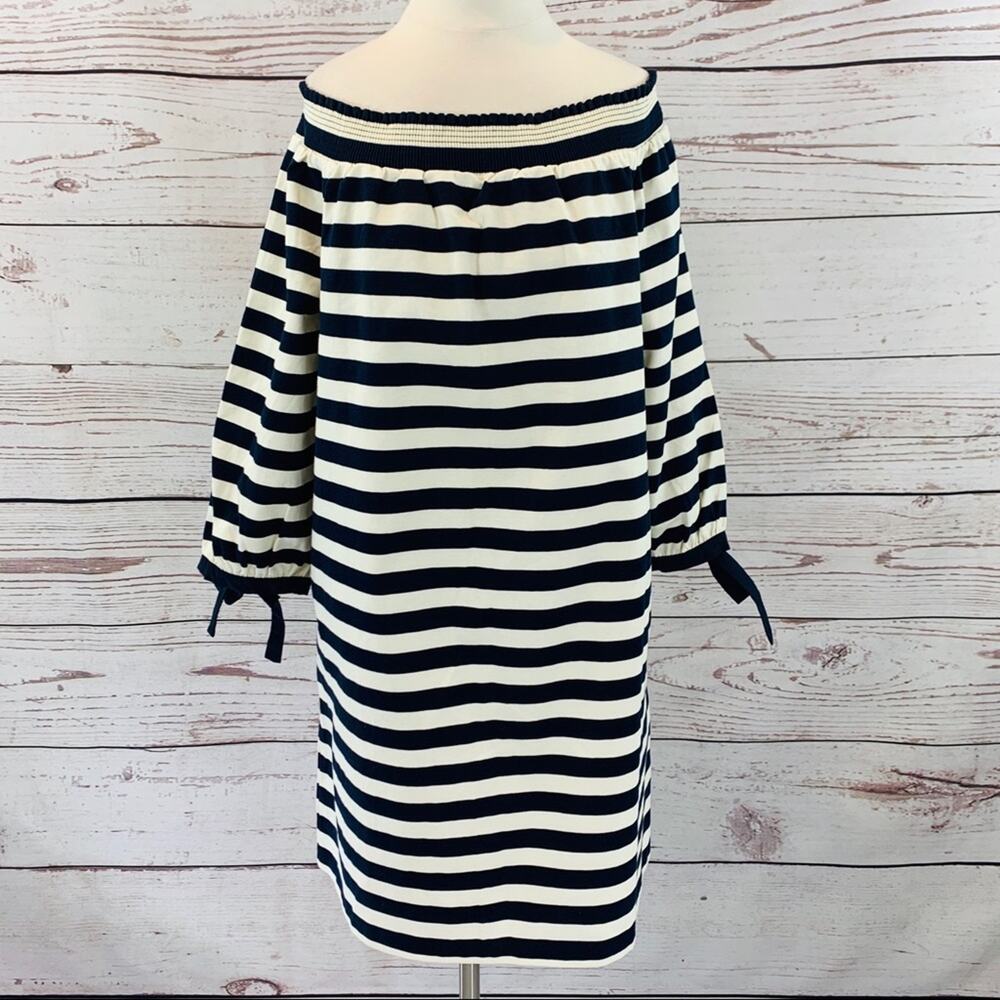 J. Crew navy white stripe off shoulder tie sleeve